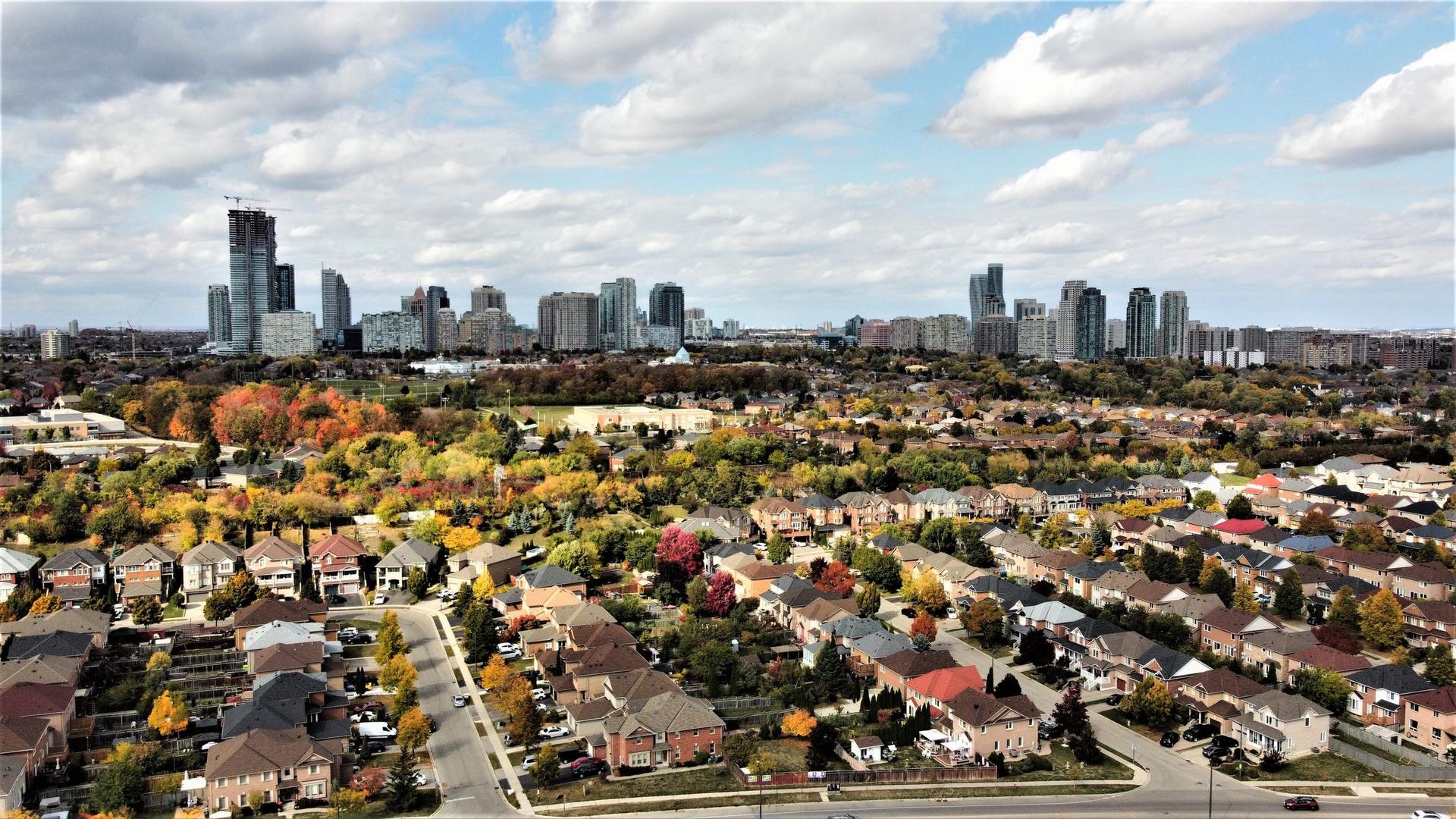 Aerial view of a Mississauga suburb in autumn, with rows of detached houses and turning trees in the foreground and the Mississauga City Centre towers and a crane on the horizon