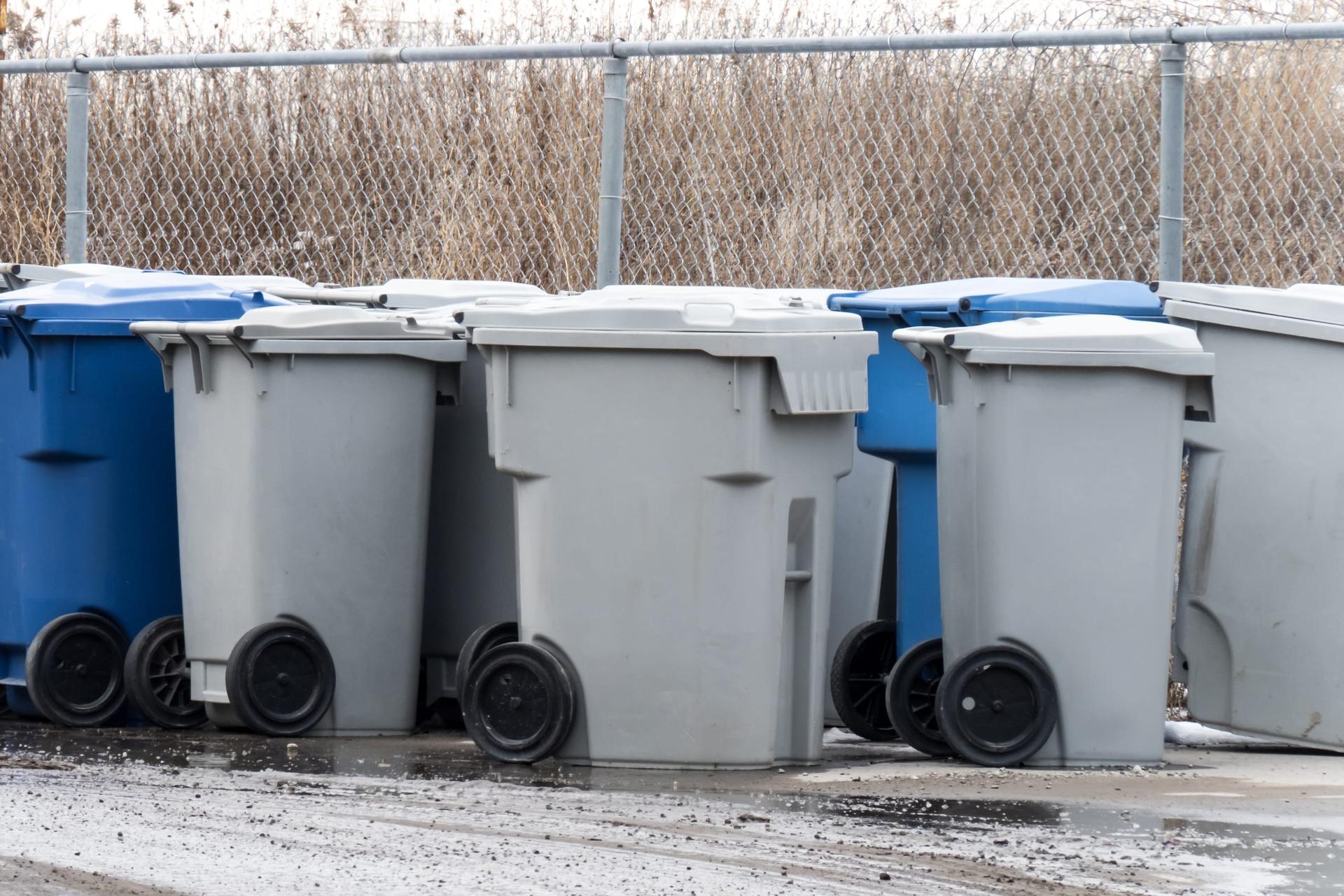 A row of grey garbage carts and blue recycling carts standing on wet pavement beside a chain-link fence in winter.