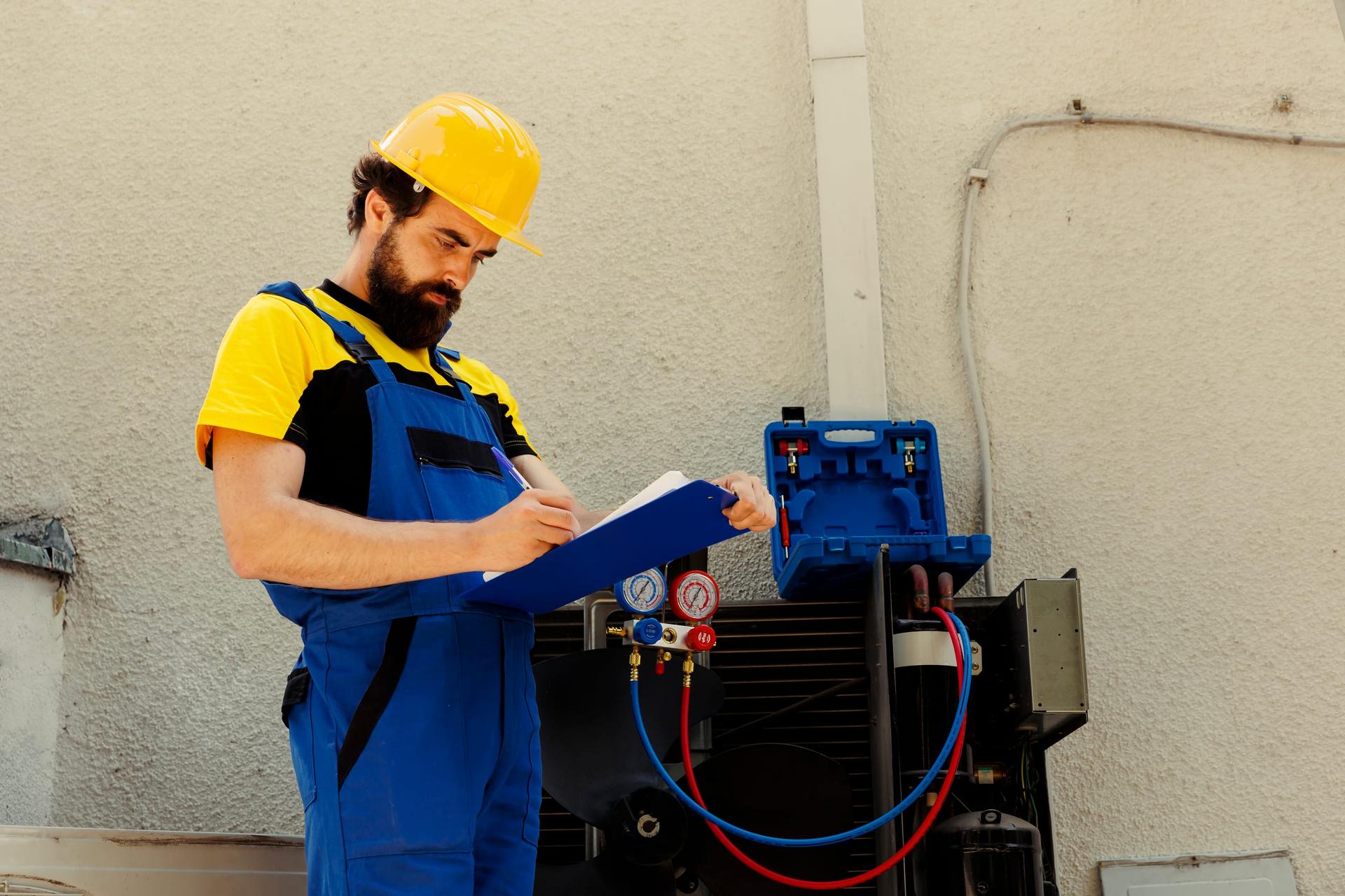 An HVAC technician in a yellow hard hat and blue overalls writes on a blue clipboard beside an opened outdoor condenser unit, with red and blue refrigerant gauge hoses attached and an open tool case resting on top