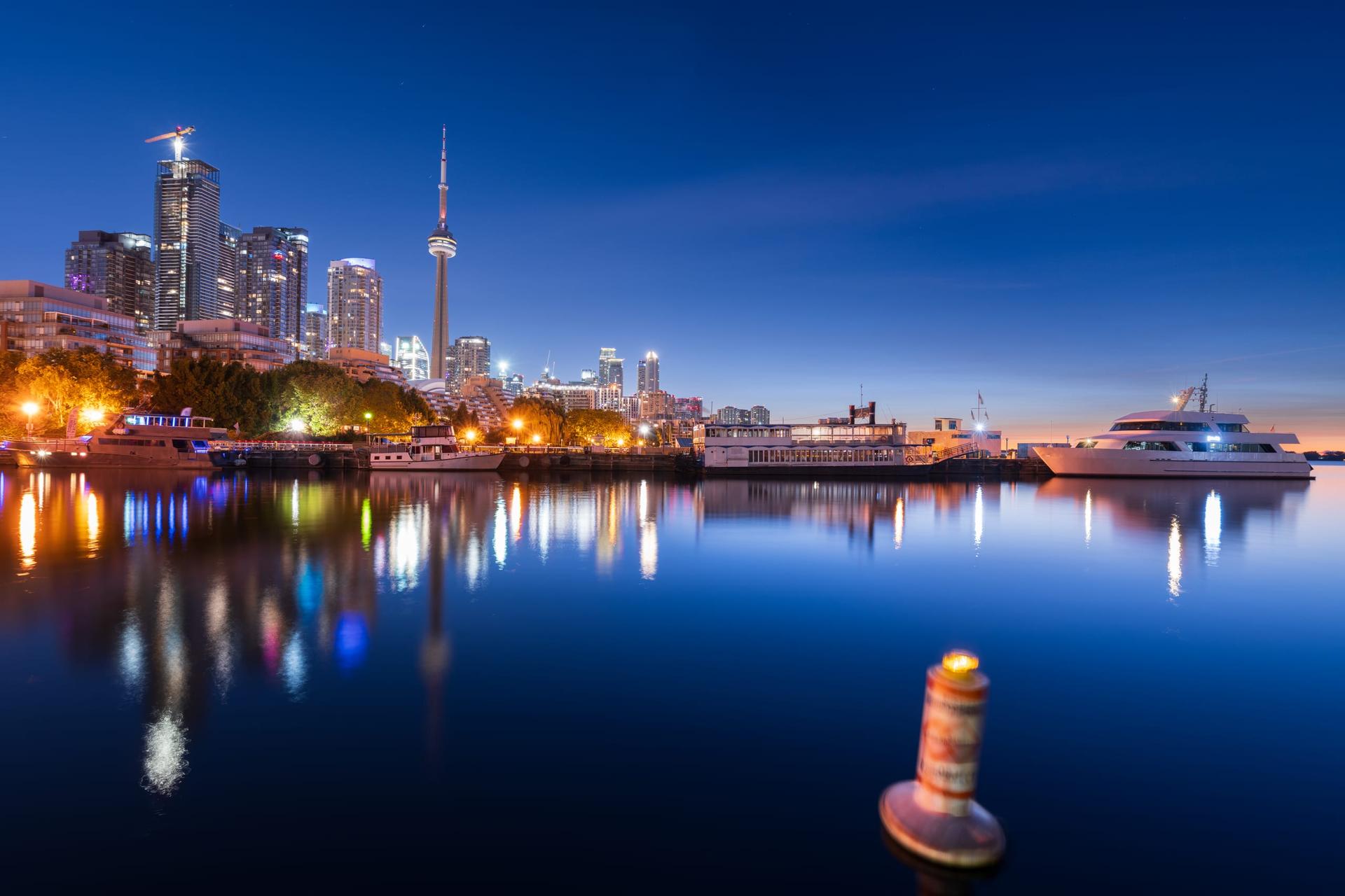The Toronto skyline seen across Lake Ontario from the islands